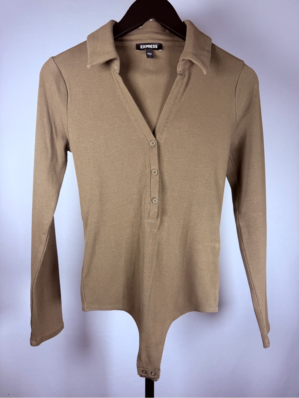 Express Long Sleeve Ribbed Collared Bodysuit - Olive Green